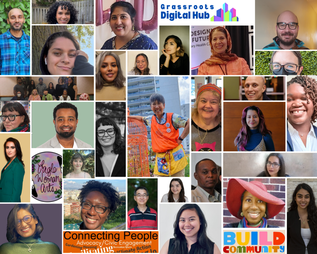 Collage of project team members, including 30 individuals, a group shot and the Eagle Woman Arts logo